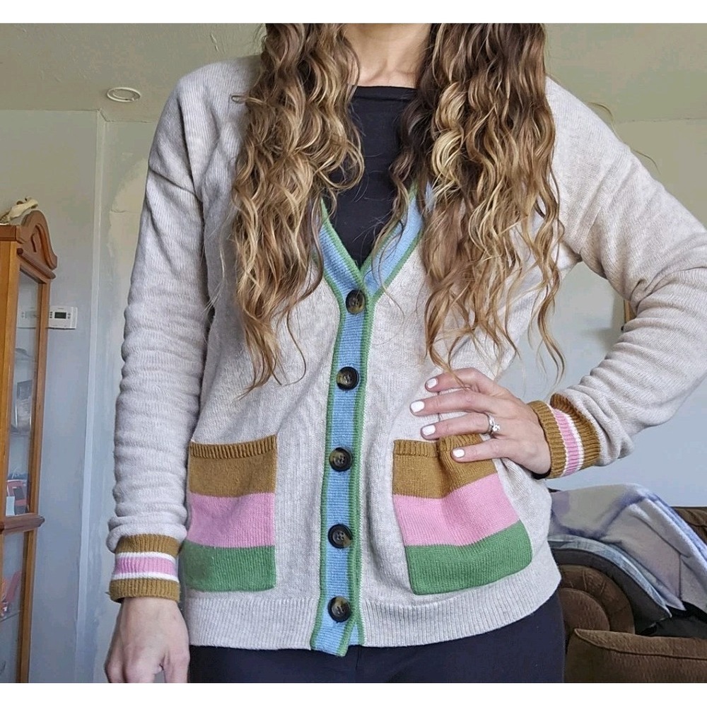 Boden US‎ 2 Blue Off White Striped Colorblock Pockets Sweater Cardigan Button Up